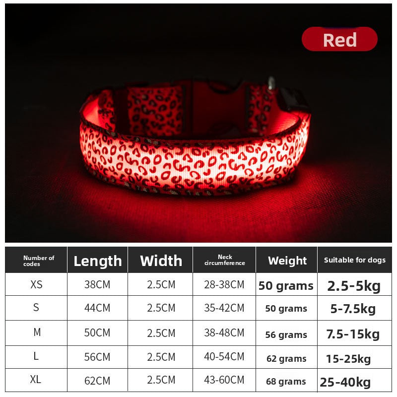 LED Glow Dog Collar — Leopard Print, 3 Light Modes, 5 Sizes