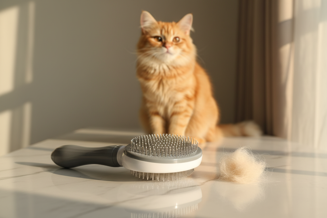 Attractive lifestyle photo - gray pet grooming brush marble surface with cat