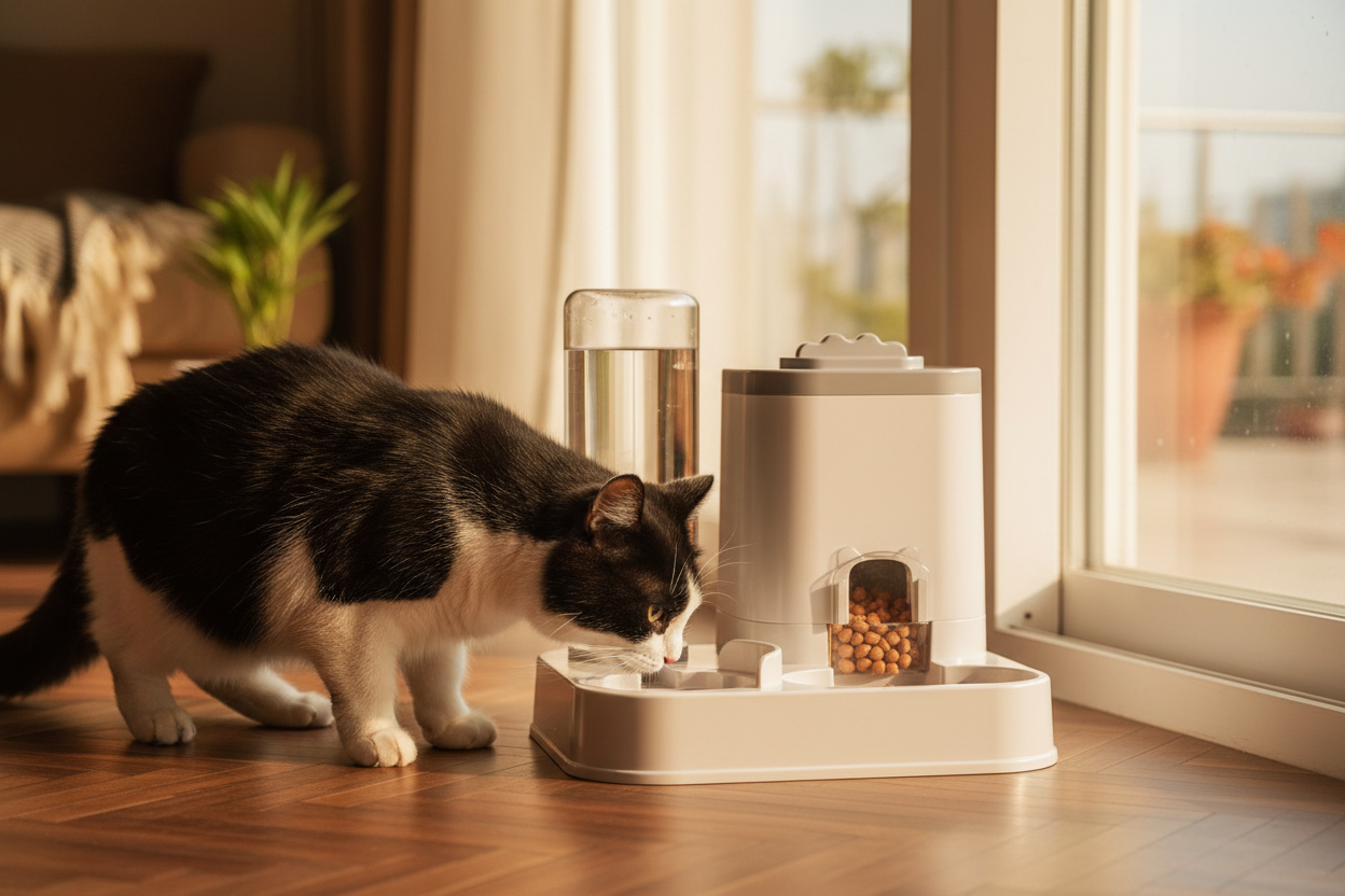 Black and White Cat with Auto Feeder