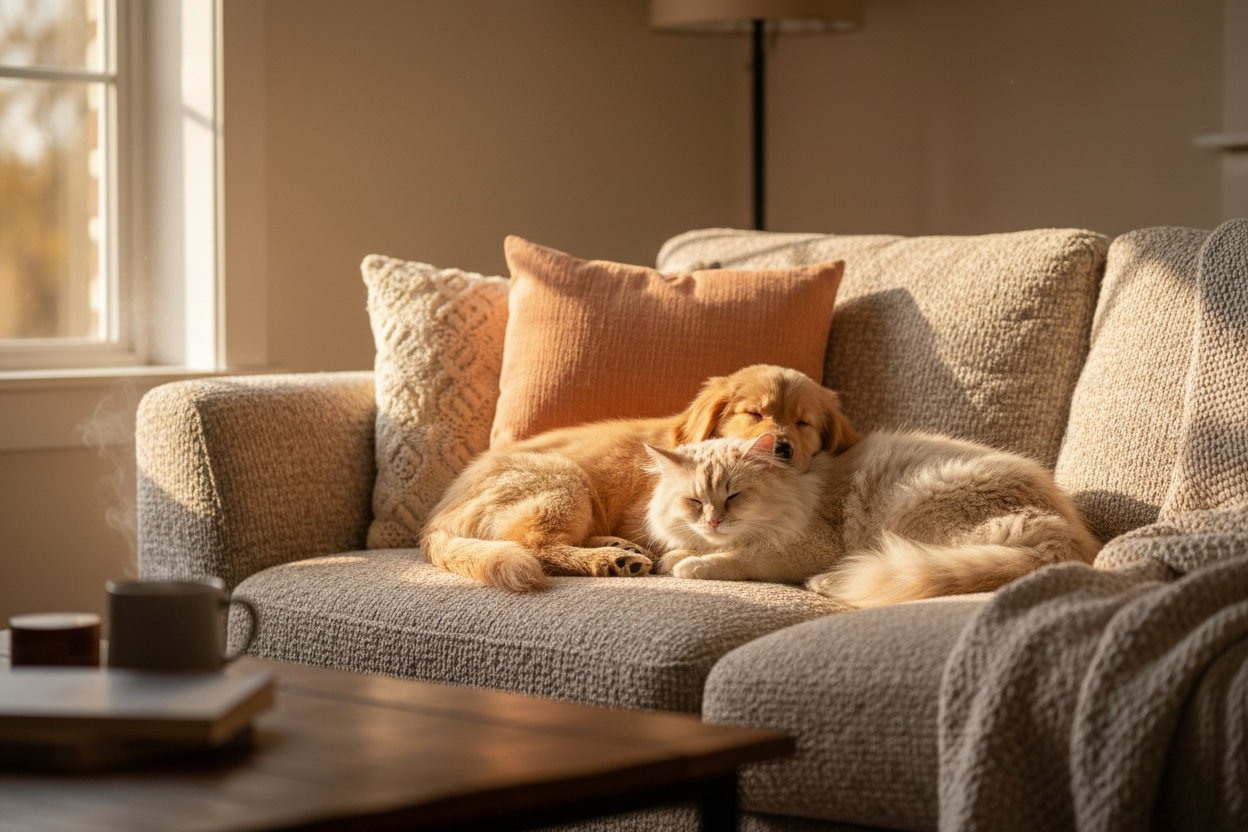 Cozy Dog and Cat on Sofa
