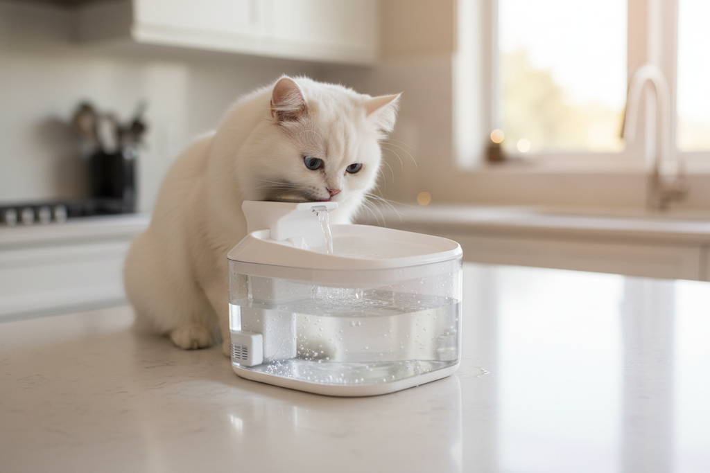 Fluffy white cat drinking from automatic water fountain