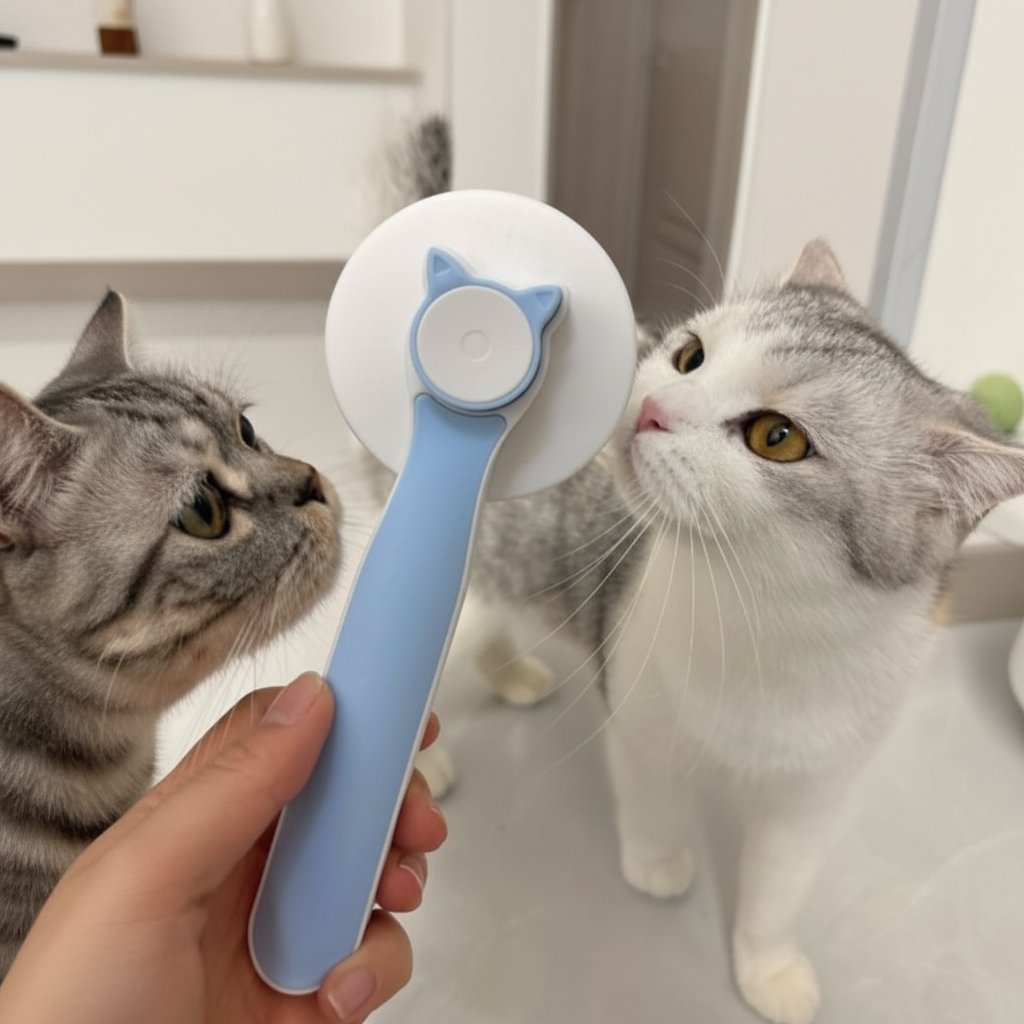 Lifestyle photo - blue cat ear comb grooming happy cat