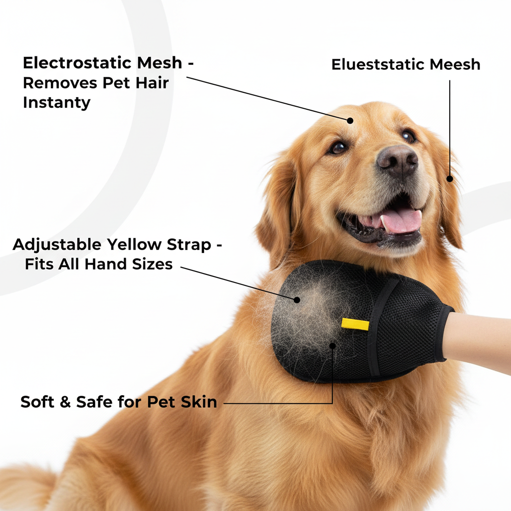 Professional infographic product photo - pet hair removal glove