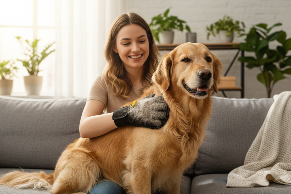Woman grooming dog at home with black yellow pet hair removal glove